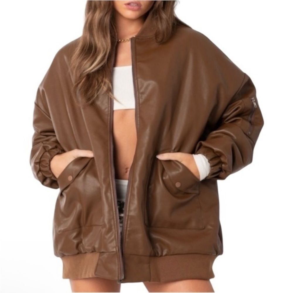 Edikted Vegan Leather Quilt Lined Oversized Brown Bomber Jacket, Size S
